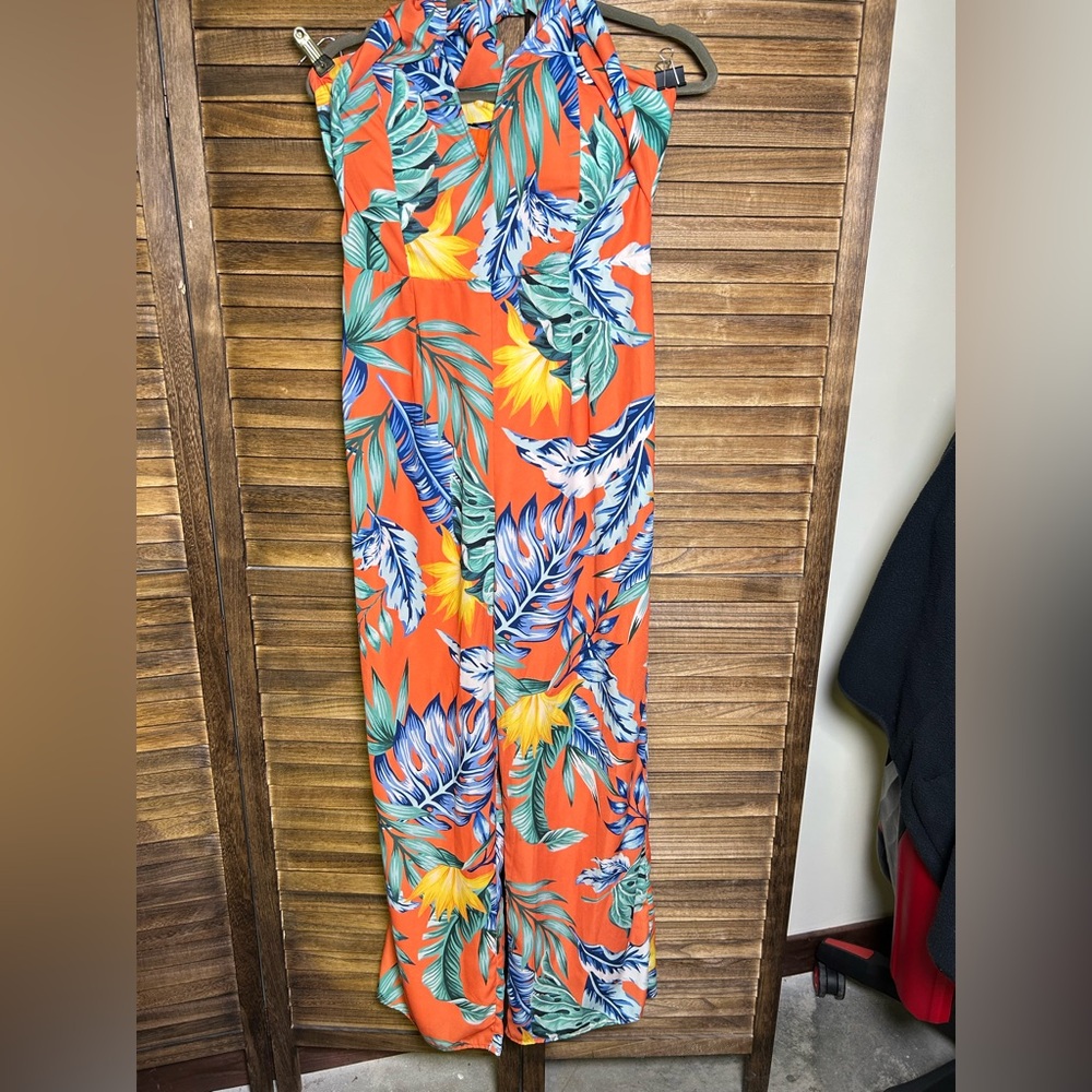 Lulu's Leaf Print Jumpsuit Luxe Luau Orange Tropical Print Strapless Tie-Front - Picture 4 of 7